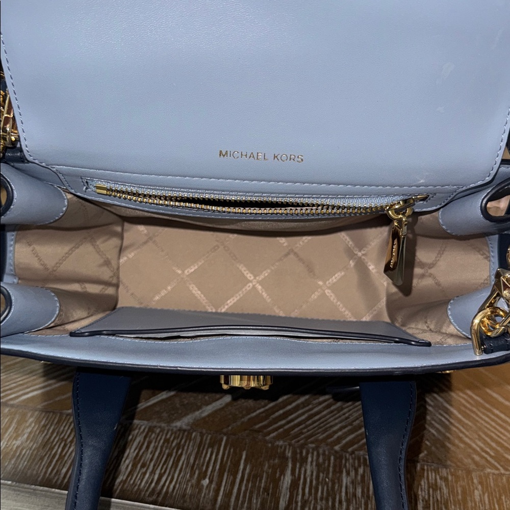 Michael Kors Carmen medium color-block faux saffiano leather belted satchel. - Picture 7 of 16